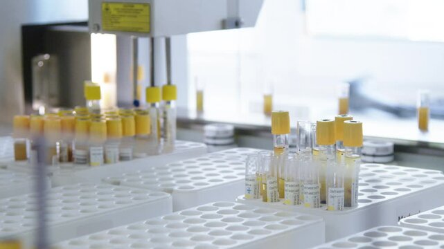 Modern laboratory with a robotic sorting station for tubes and containers. Concept automation of sample handling and increased efficiency in diagnostics
