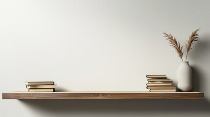 Wooden shelf with books and vase of pampas grass, against a plain, off-white wall