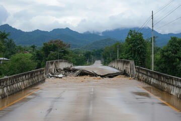Damaged bridge after flood, road impassable