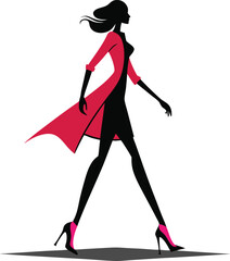 Elegant Woman in Red Coat Walking in High Heels Silhouette
