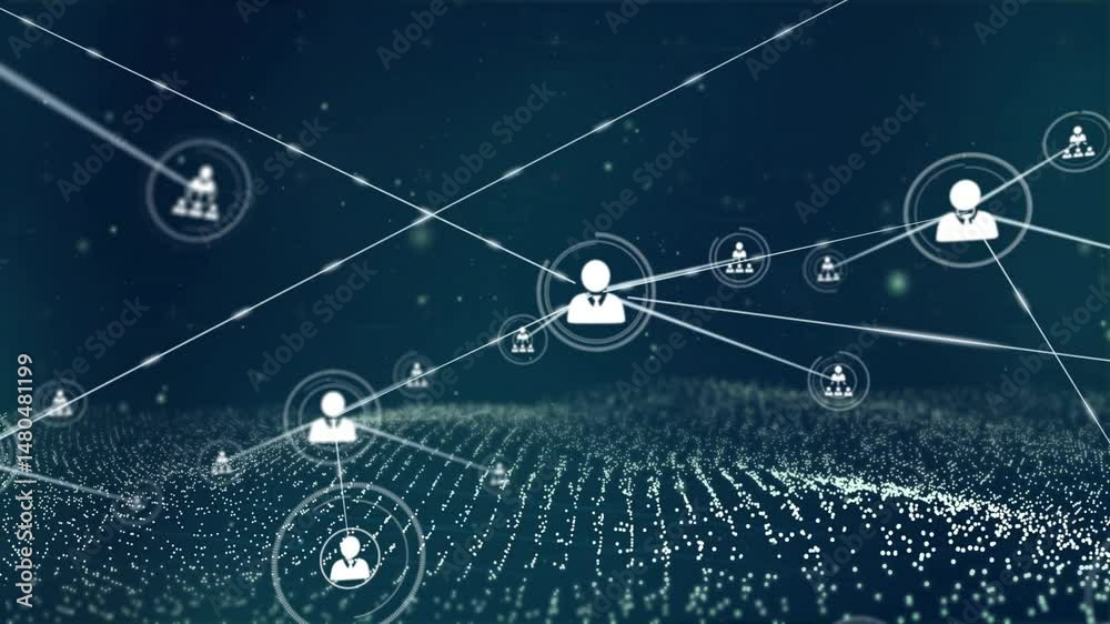 Poster network visualization showing central user icon floating over data grid, with glowing nodes