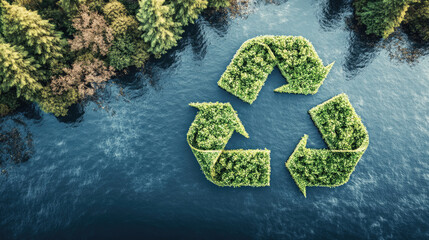 Aerial view shows recycle symbol made of plants floating in water, near trees
