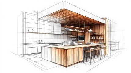 Modern Kitchen Design Sketch with Island and Bar Stools
