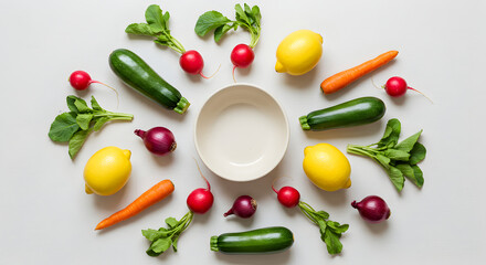 Fresh Vegetables And Fruits Around Empty Bowl On White Surface Flat Lay