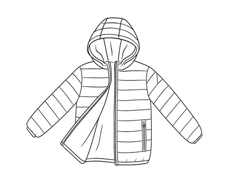 Open hooded jacket outline in vector style black and white design