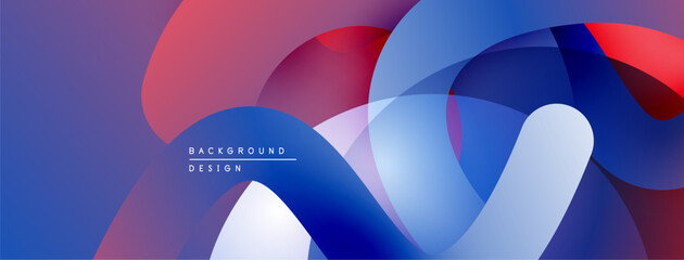 Abstract shapes overlap, creating vibrant blue, red, purple gradients. Modern design feels dynamic, smooth, visually appealing.