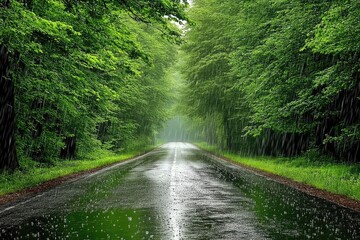 Rain-soaked forest road. Lush green trees