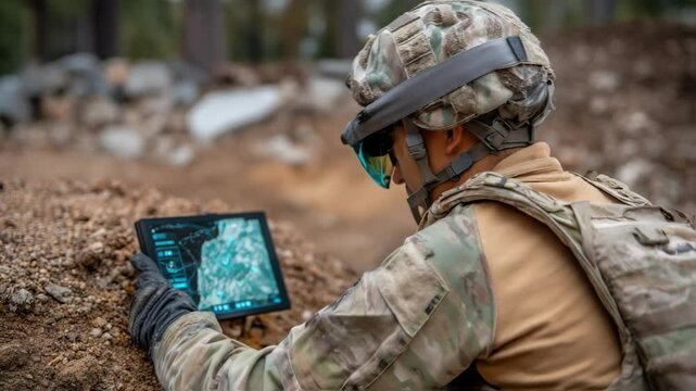 A soldier crouched behind cover using an augmented reality helmet that overlays a 3D map of the surrounding terrain demonstrating how technology helps in assessing threats and planning