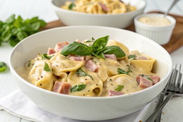 Creamy Tortellini With Ham and Basil in a White Bowl Generative AI