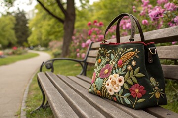 Floral Embroidered Handbag Left on Park Bench During Spring Generative AI
