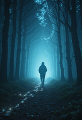 Figure Running Through a Dark Forest with Glowing Trees and Ethereal Light Trails