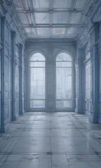 Fototapeta premium Blueprint overlayed with faded blue photo effect, architectural lines visible, style, plan