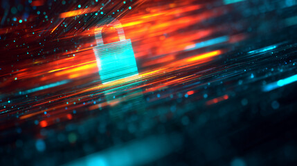 Abstract image of cyan padlock on red-orange digital background, symbolizing data security and online protection