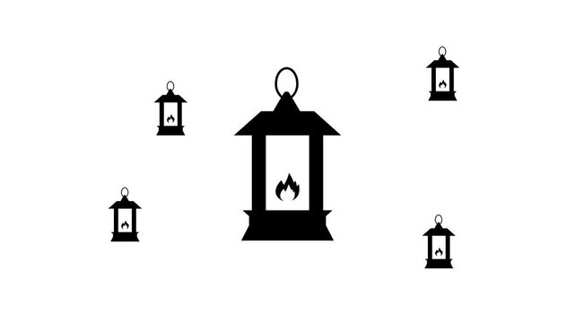 Zoom in and out animation the Christmas lantern symbol. Large black symbol in the center and four small symbols around. Seamless looped 4k animation on white background