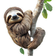 Fototapeta premium Adorable Sloth Hanging on Branch Smiling Sweetly Jungle Leaves Background on transparent background