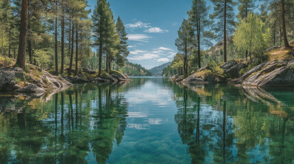 Calm lake reflecting trees with mountains and sky, vibrant colors, tranquil scene