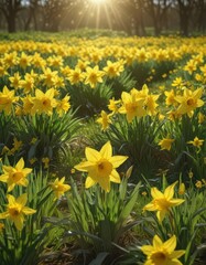 Fototapeta premium Golden daffodils dance in a sun-drenched, verdant field A symphony of yellow and green , vibrant yellow, green, outdoor