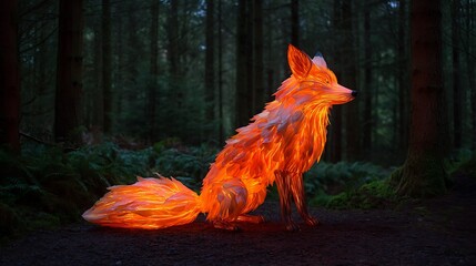 Illuminated fox in forest, glowing, orange