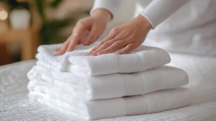 Hands arranging clean white towels in a neat stack, home lifestyle