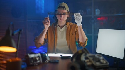 Young Man Examines Camera Film Strip in Studio Setting