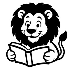 Cartoon Lion Character Illustration Reading a Book - Black and White for Animals, Education, or Graphic Themes
