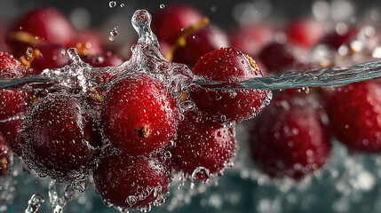 Water splashes over a cluster of ripe, red berries in a close-up shot