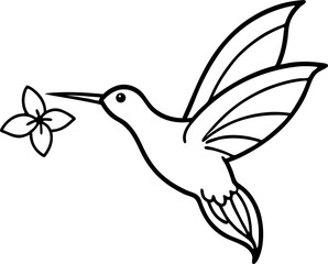 Hummingbird Hovering At Flower Line Art Vector Illustration