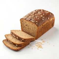 Rustic rye bread placed in a corner on a white background for a clean and simple food image.