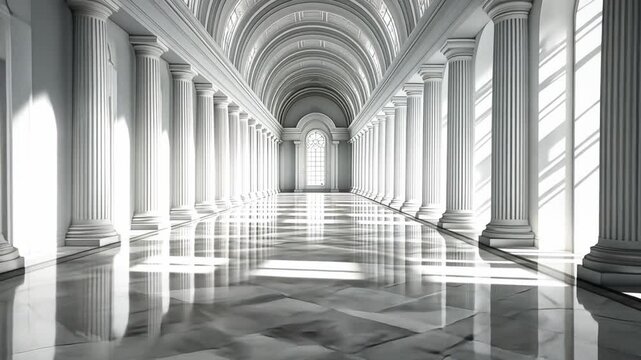 Architectural Symphony: A grand, palatial corridor stretches into the distance, featuring rows of classical columns and arches that create a sense of symmetry and historical grandeur.