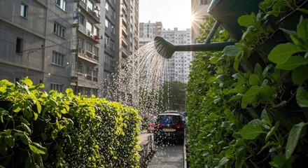 Naklejka premium Watering Green Wall in Urban Setting - Photo