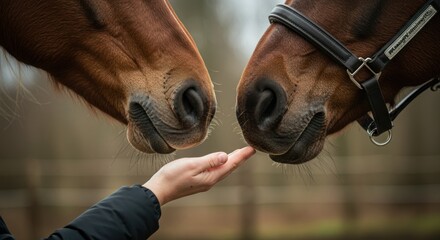Horse interaction: hand touching horses' noses (photo)