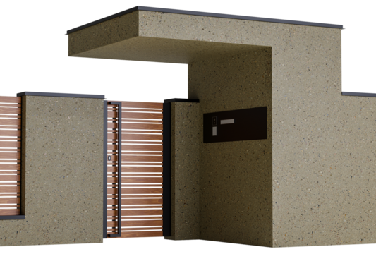 A brown building with a black box on the front
