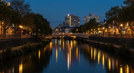 Naklejka premium Evening Cityscape with Bridge Photo