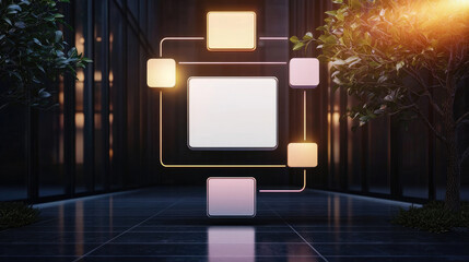 Futuristic 3D rendering showing a bright screen connected to squares against a dark backdrop