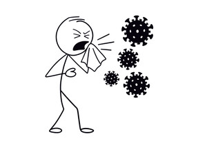 Vector cartoon stick figure drawing conceptual illustration of sick infected man coughing or sneezing and spreading infection of coronavirus covid-19 or flu
