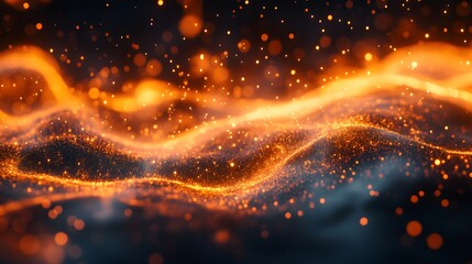Abstract and artistic image showcasing a mesmerizing display of particles, which appear like glowing waves of vibrant energy. It creates an impression of dynamic.