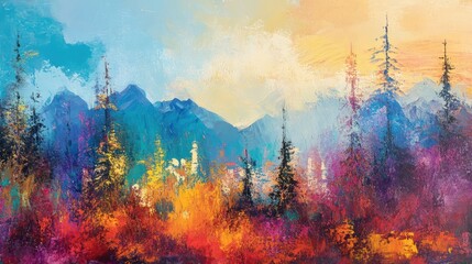Vibrant mountain landscape art with colorful palette and expressive brushstrokes