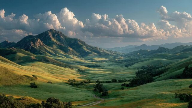 a serene hilltop with rolling green meadows under blue sky and drifting clouds 