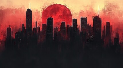 Crimson cityscape under apocalyptic blood moon