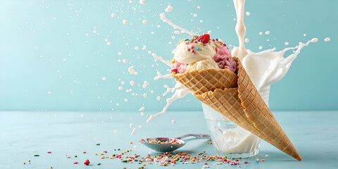 Waffle corn of fresh natural homemade sweet ice-cream with milk splash against light blue background, copy space. Healthy natural dessert.