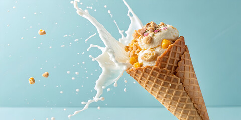 Waffle corn of fresh natural homemade sweet ice-cream with milk splash against light blue background, copy space. Healthy natural dessert.