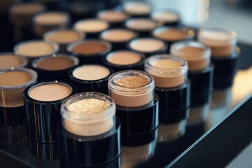 Diverse array of finely milled powder cosmetics in various nude shades