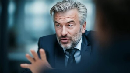 Expressive mature businessman gesturing during serious conversation in modern office. - Powered by Adobe