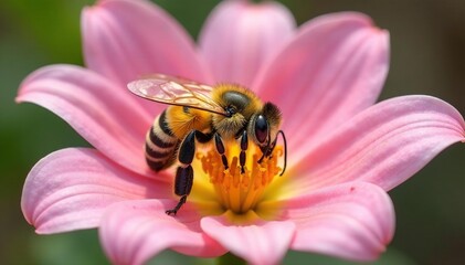 Delicate bee deep in lily, pollen dusts its fuzzy body, soft light  Floral closeup ,  white,  nectar