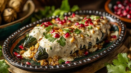 Stuffed Poblano Peppers with Creamy Sauce and Pomegranate Seeds
