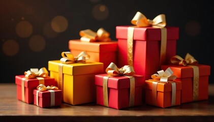 Vibrant gift boxes, satin bows, ethereal glow ,  treasure,  luxury,  dreamlike