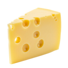 Piece of swiss cheese with holes, food photography isolated on transparent background.