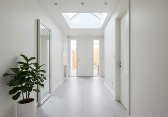 Fototapeta premium Bright hallway with skylight, mirror and potted plant in modern home