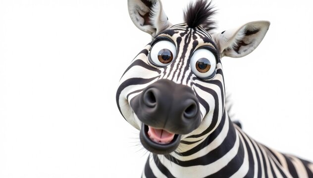 Funny zebra portrait, wide eyes, goofy smile, long black and white stripes on white,  stripes, zebra