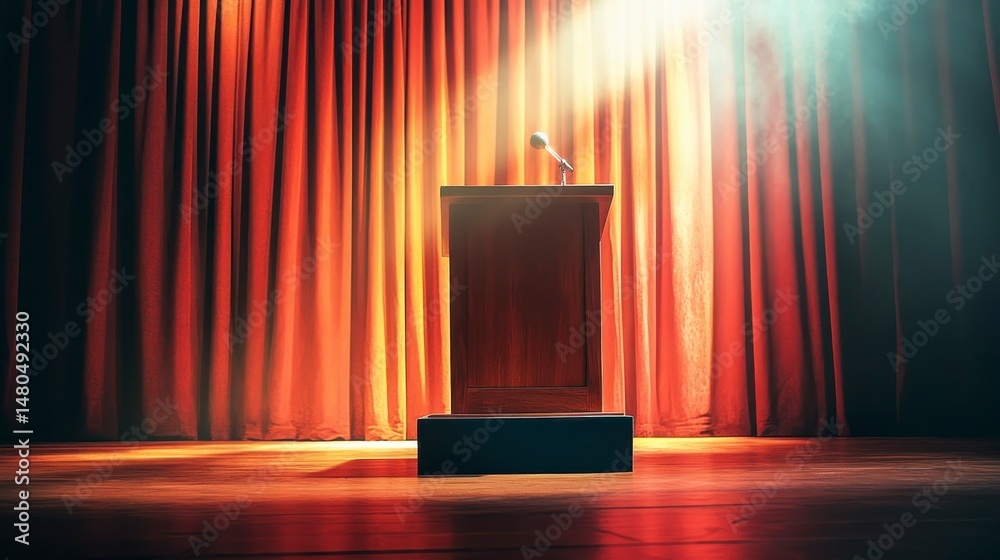 Poster podium with microphone on stage, illuminated by spotlights, against red curtains.